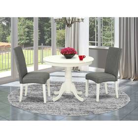 East West Furniture 840017338631 Round Dining Table Set Parson Chair Gray Linen Fabric White Legs 3pc -