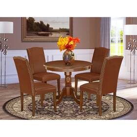 East West Furniture 840017341037 Round Mahogany Table Set With Brown Leather Chairs And Legs 36 - Furni