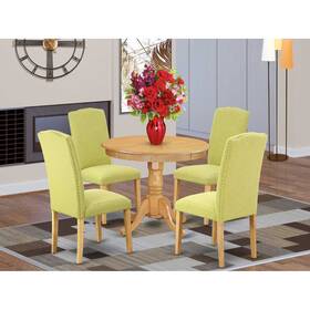 Anen5-oak-07 East West Furniture Oak Round Table Set 5pc With Parson Chair Linen Fabric Legs -