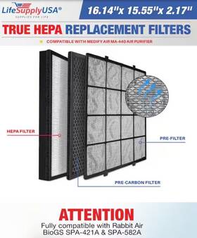 Er834-hd Lifesupplyusa 3-in-1 True Hepa Air Cleaner Replacement Filter 5 Filters