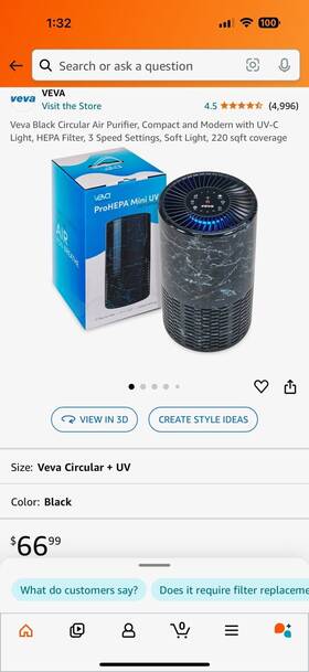 Veva 860006769147 Black Circular Air Purifier Compact And Modern With Uv-c Light