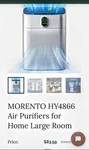 Morento HY4866 Hepa Air Purifier With PM2.5 Sensor Up 1076 Sq Ft White. Fixed Price $64.96.