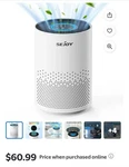 Sejoy Purifiers Up To 1000 Sq.ft, Hepa Filter, Remove 99.97% Of Pet Hair. Fixed Price $40.75.