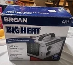 Broan 6201 1500W Portable Electric Heater, Thermostat, Fan, Gray Steel. Fixed Price $89.99.