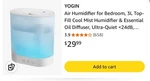 Yogin 5L Ultrasonic Cool Mist Humidifier For Bedroom. Fixed Price $15.38.