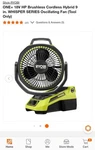 New Ryobi 18V One+ Hp Whisper Brushless Hybrid 9" Fan PBLHF01B. Fixed Price $109.99.